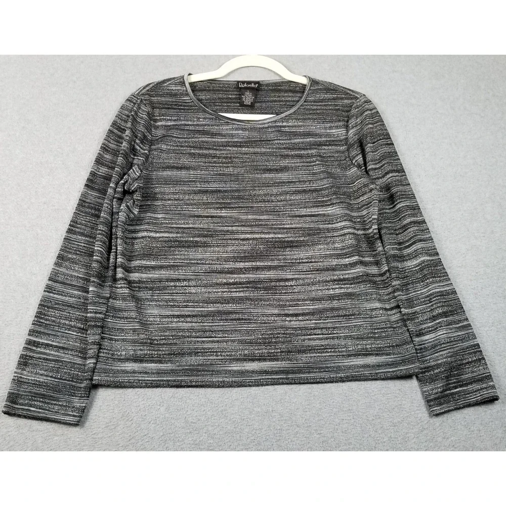 Rafaella Top Women's Large L Black Silver Metallic Shimmer Long Sleeve Stretch